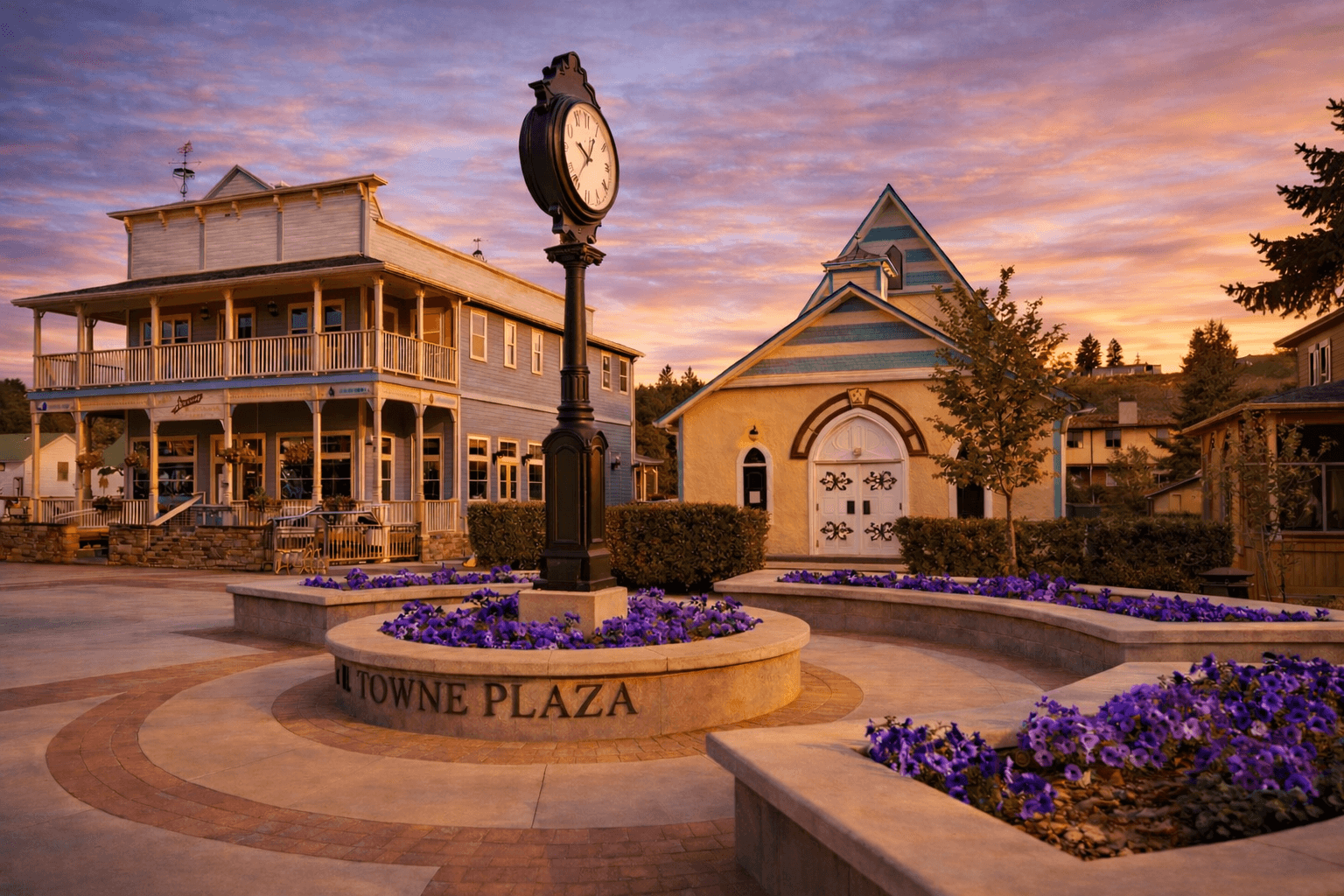 Okotoks town plaza clock and surrounding buildings at sunset.